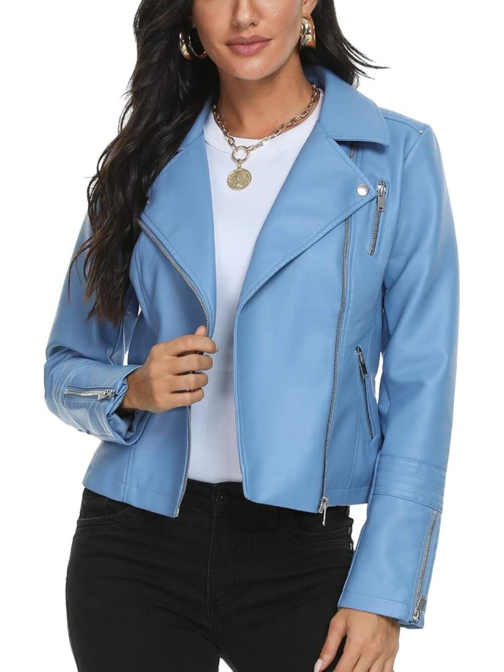 Women's Blue Faux Leather Lightweight Moto Biker Coat Long Sleeves Vegan Jacket